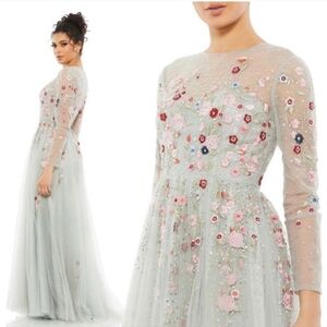 Mac Duggal 11241 Floral Embroidered Illusion High NeckA-Line Gown, Platinum, 18